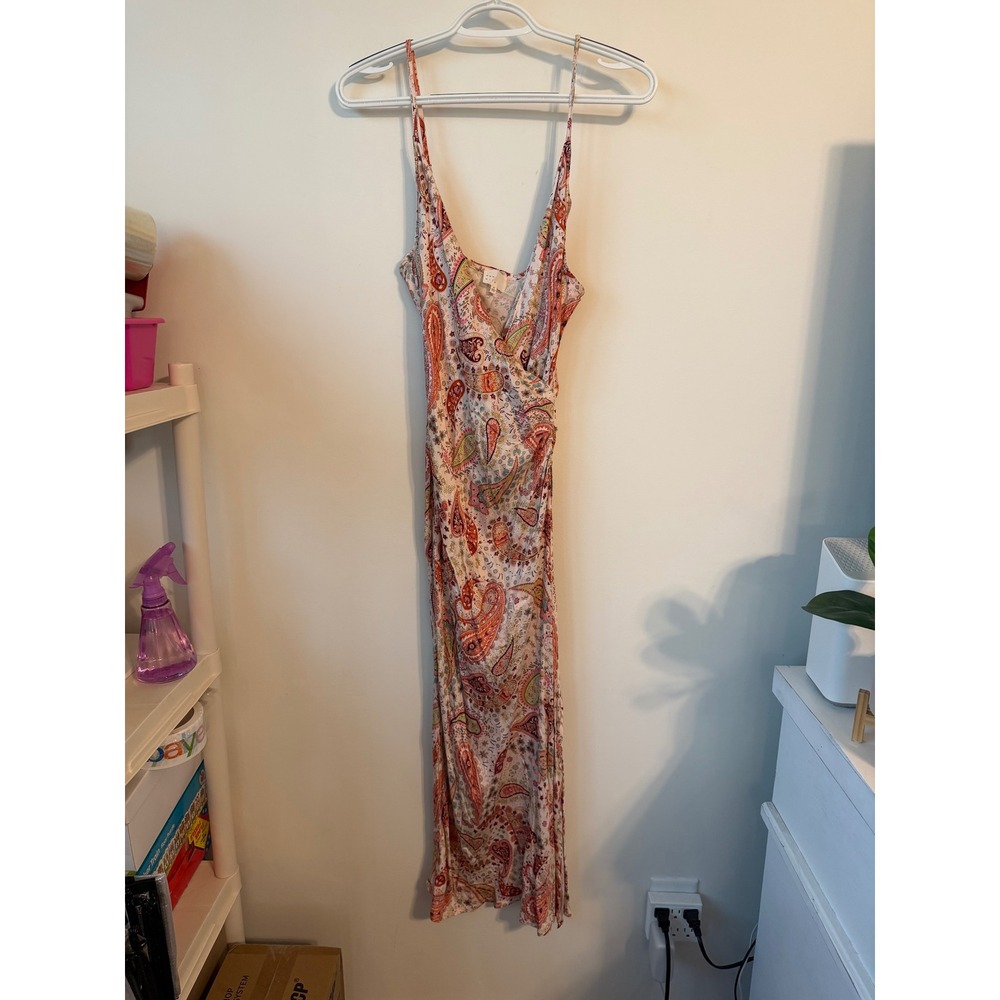 Dee Elly Paisley Print Maxi Dress Pink Orange Boho Wrap V-Neck Sleeveless Medium